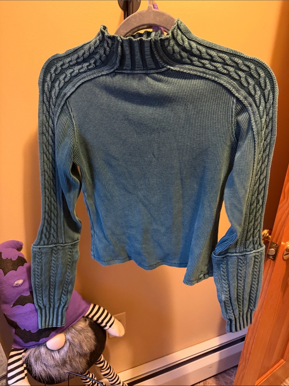 We The Free Teal Cable-Detail Mock Neck Sweater